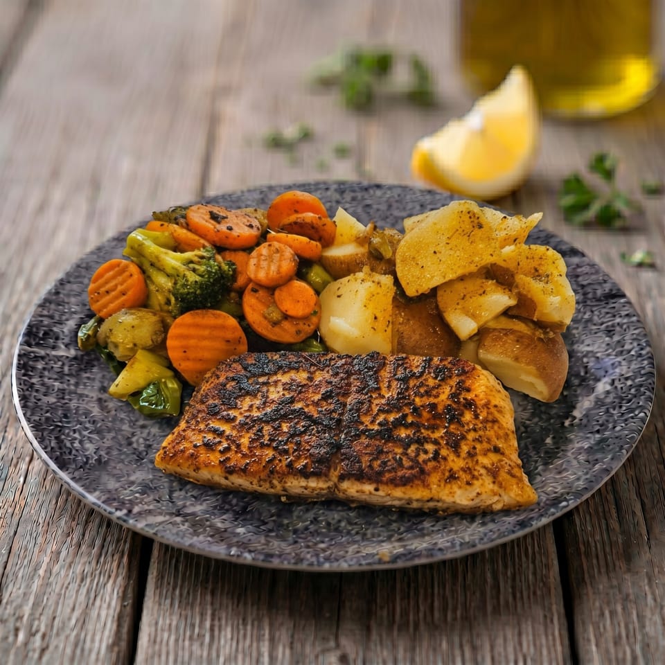 Grilled salmon with roasted carrots, broccoli, and potatoes, garnished with a lemon wedge.