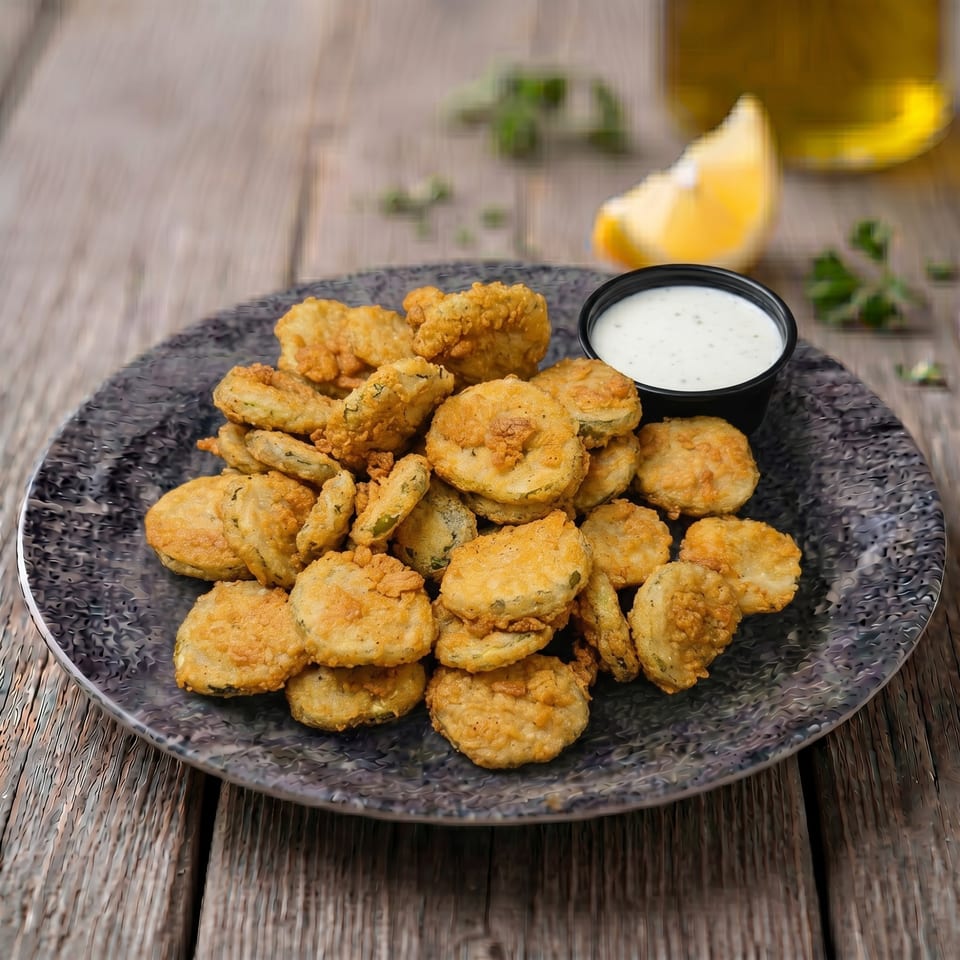 Golden-brown fried pickles on a dark plate with a side of ranch dressing and a lemon wedge.