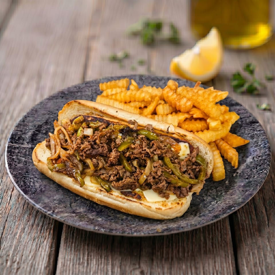 Cheesesteak sandwich with peppers, onions, and fries on a dark plate, with a lemon wedge.