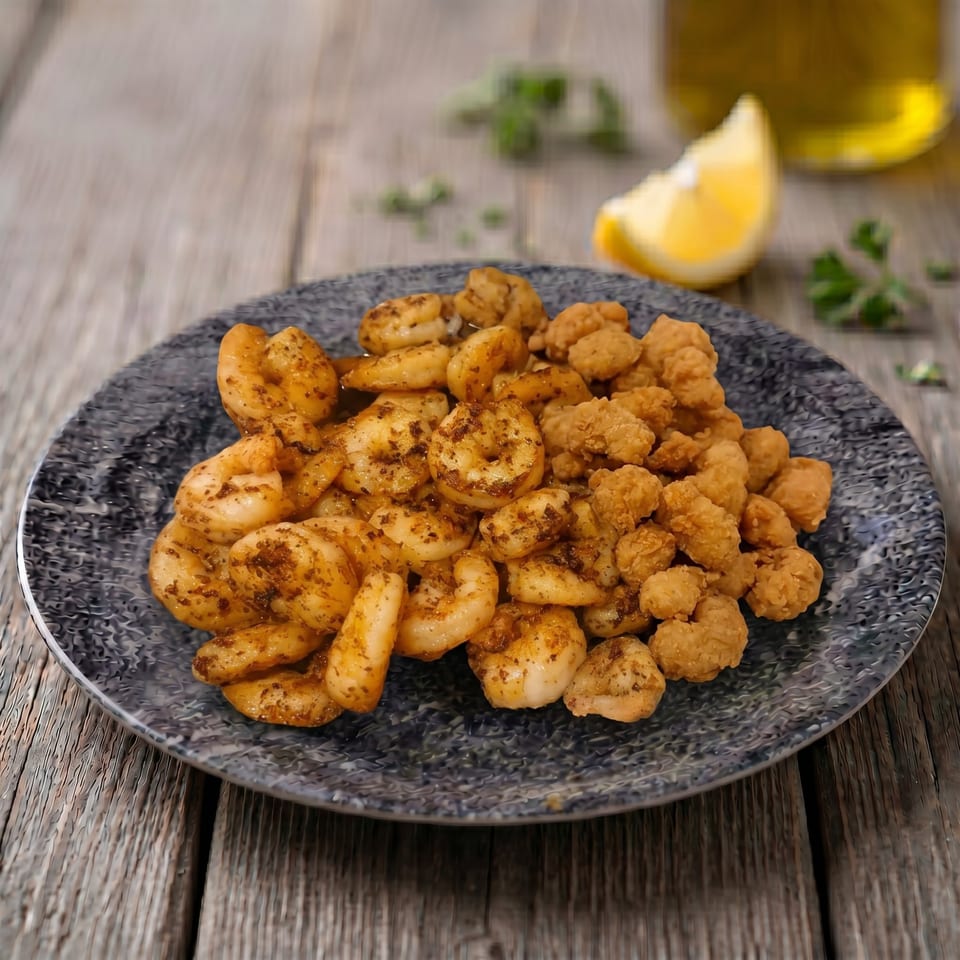 A plate of seasoned shrimp and fried popcorn shrimp, with a lemon wedge and olive oil.