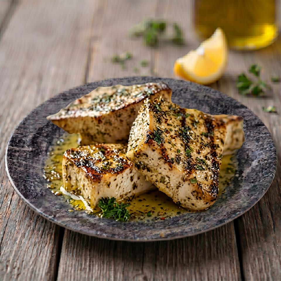 Grilled fish fillets with herbs and spices, drizzled with oil, served on a dark plate with lemon.